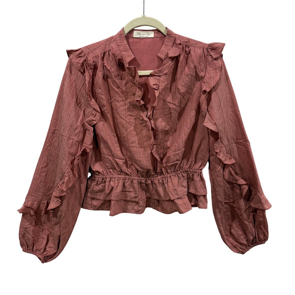 Doe and Rae Mauve Pink Ruffle Smocked Peplum Blouse Long Sleeve Small